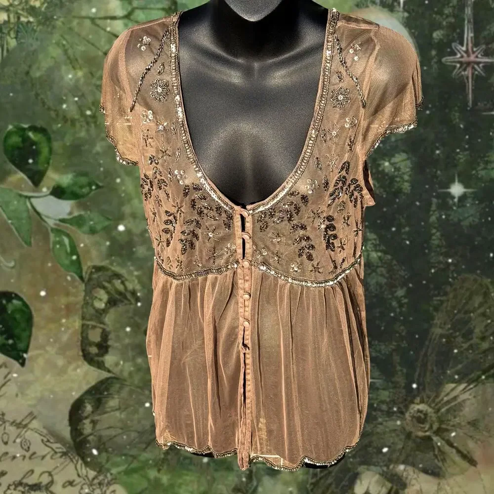 Y2K Beaded Mesh Fairy Top Sheer Brown Babydoll Cardigan